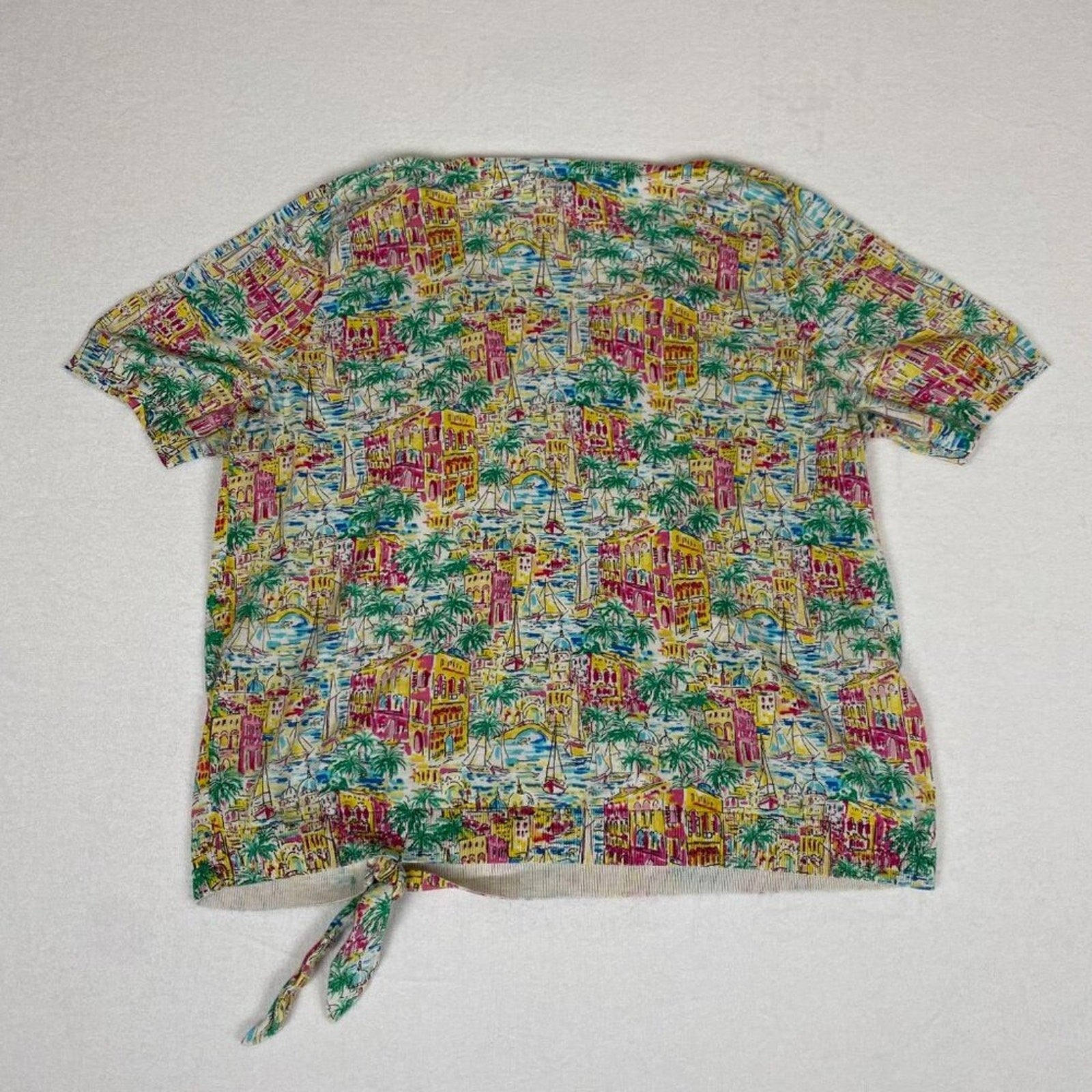 Talbots Summer European Beach Sail Vacation Print Knotted Hem Cotton Blouse