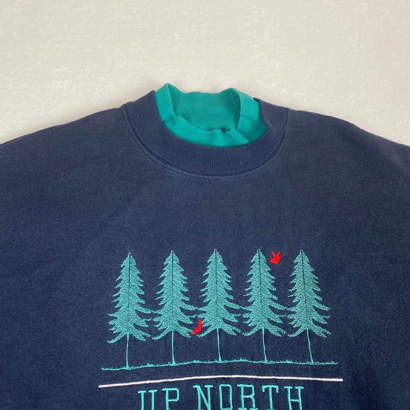 Vintage Up North Minnesota Layered Collar Evergreen Tree Bird Blue Sweatshirt