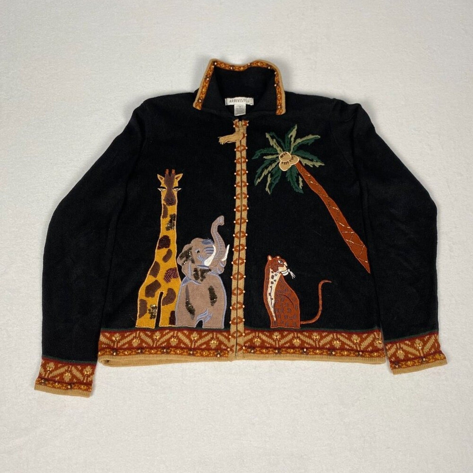 Arriviste Ramie Cotton Safari Animals Palm Knit Beaded Embroidered Sweater