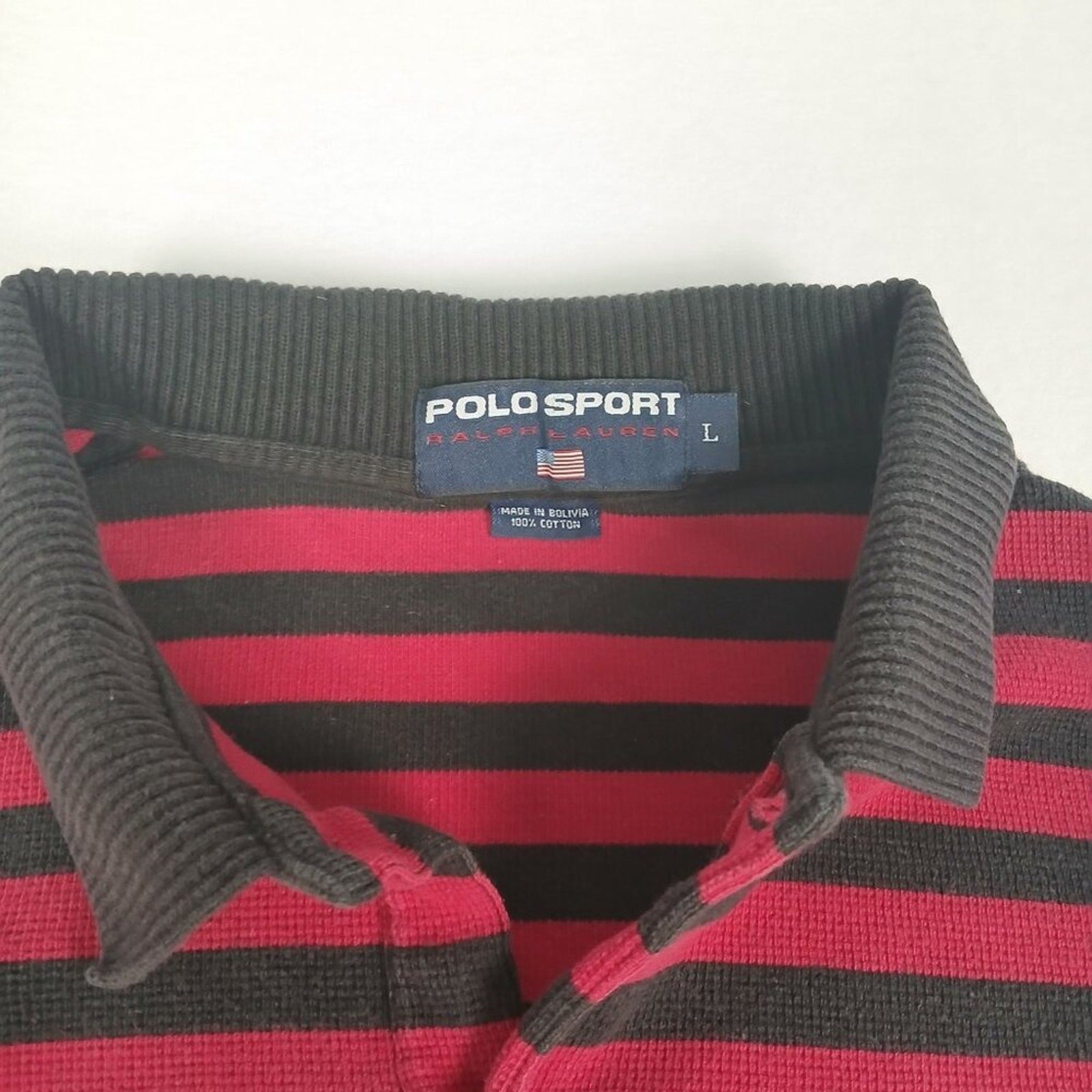 Vintage Y2k Polo Sport Ralph Lauren Cotton Red Black Striped Long Sleeve Polo