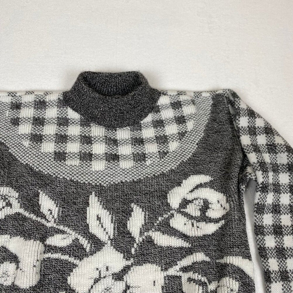 Vintage Made in USA 80s Jamnits Floral Roses Black White Checkered Knit Sweater