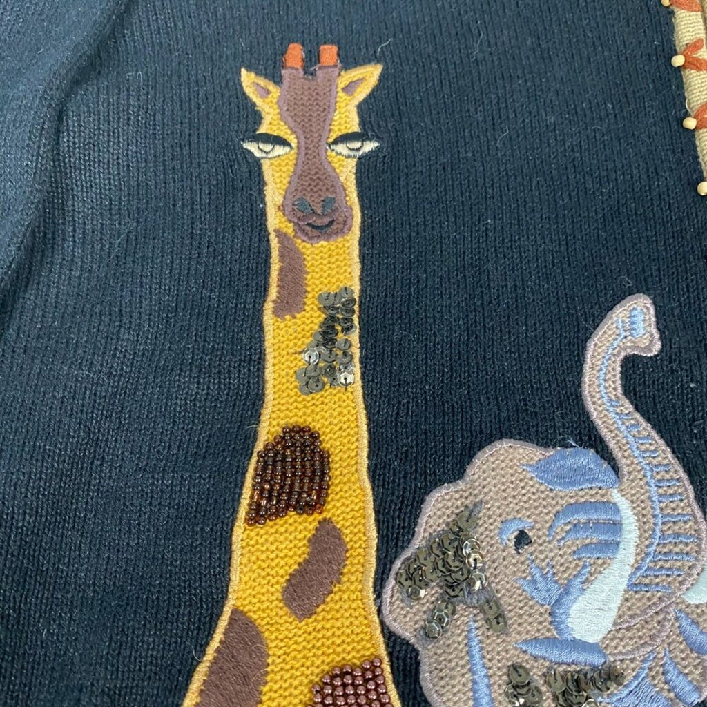 Arriviste Ramie Cotton Safari Animals Palm Knit Beaded Embroidered Sweater