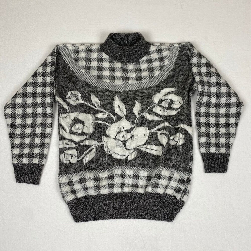 Vintage Made in USA 80s Jamnits Floral Roses Black White Checkered Knit Sweater