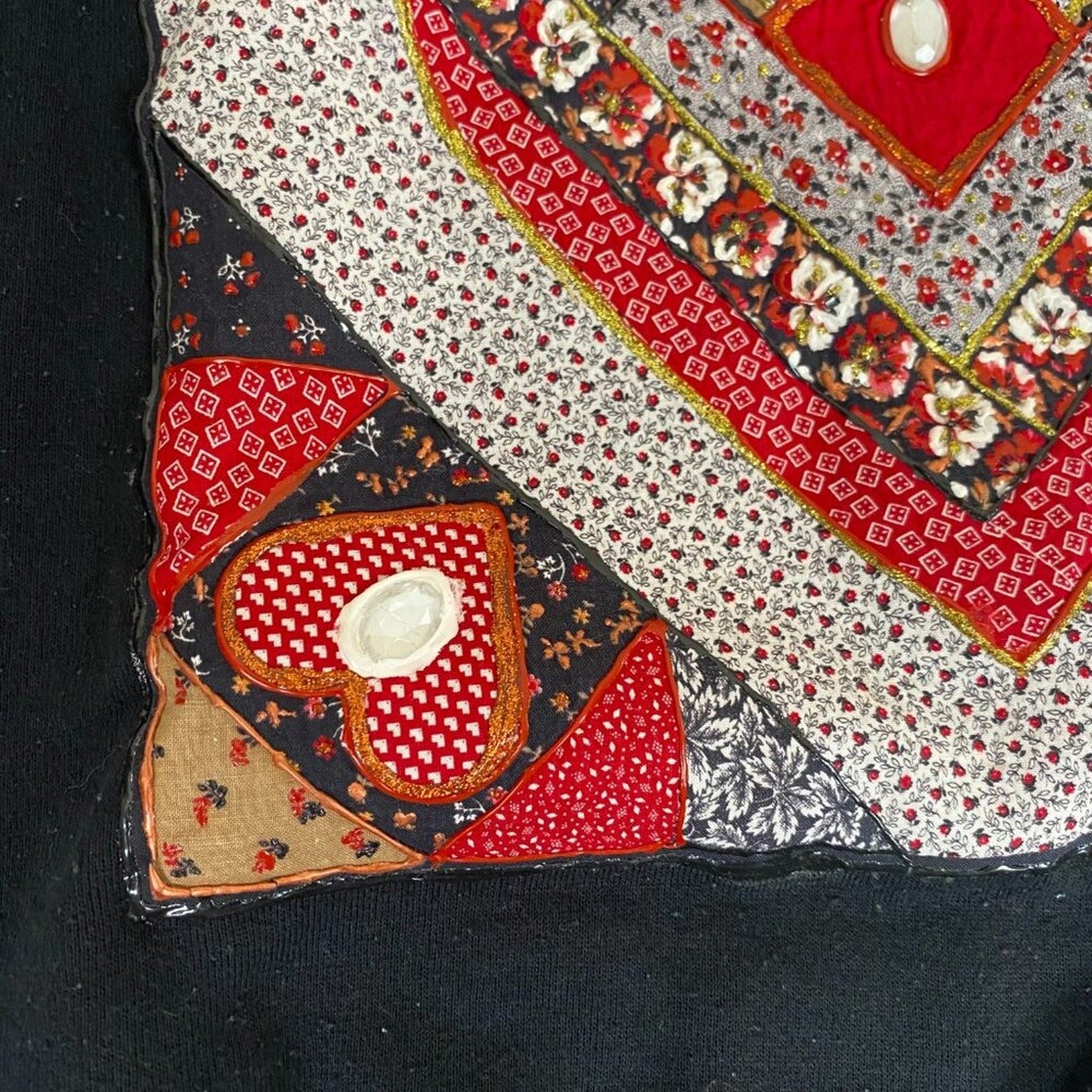 Vintage Made in USA Art Embroidered Quilted Jeweled Heart Paisley Sweatshirt