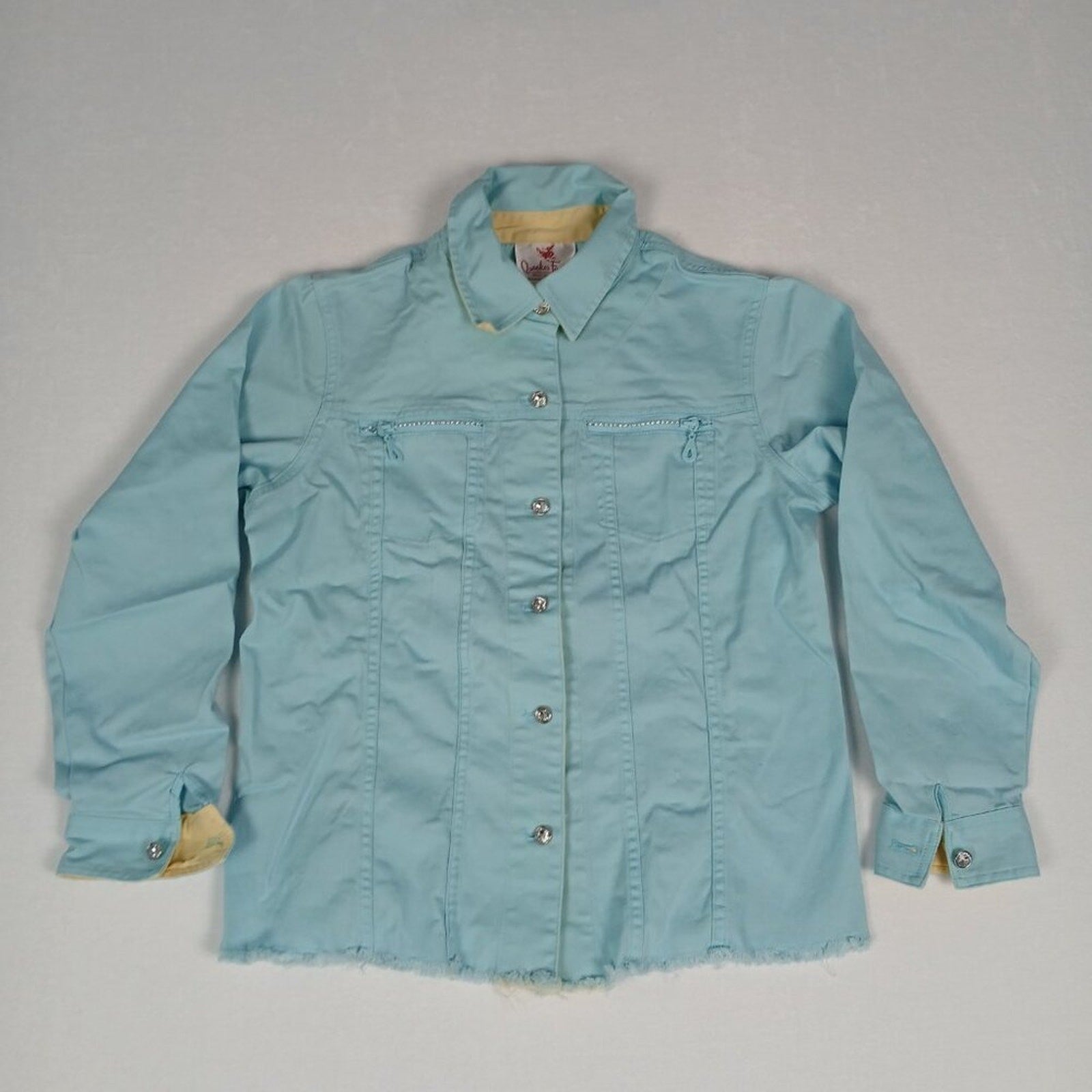 Quacker Factory Rhinestone Fringe Hem Baby Blue Denim Style Chore Button Jacket