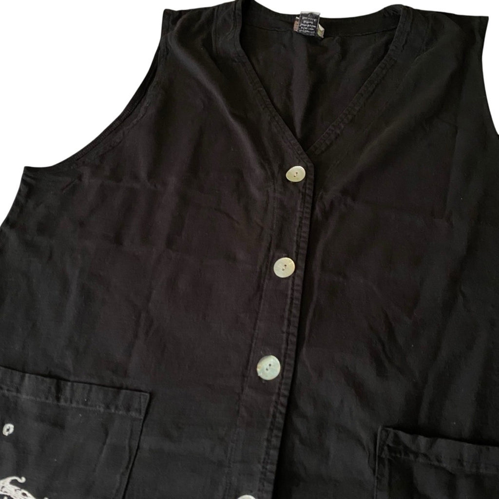 Vintage Made in USA Cactus Fish Starfish Ocean Sleeveless Button Up Black Vest