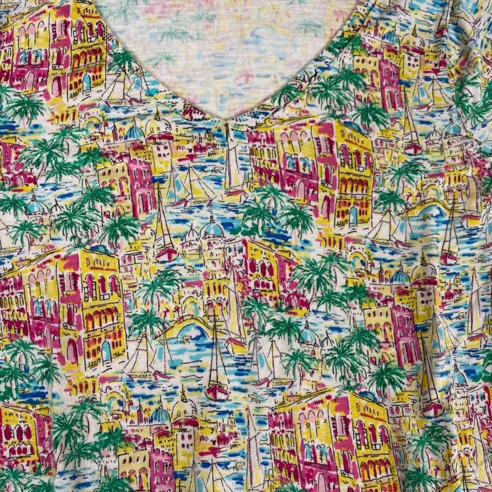 Talbots Summer European Beach Sail Vacation Print Knotted Hem Cotton Blouse