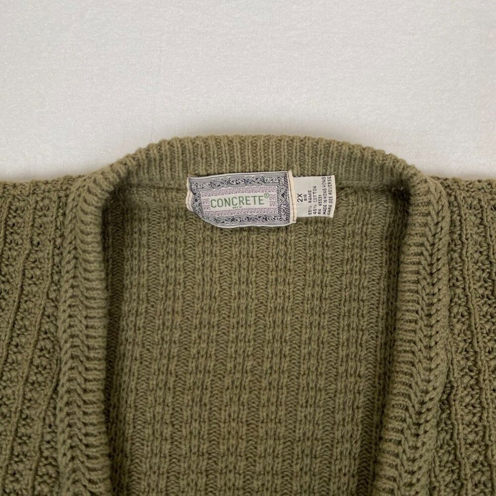 Vintage Ramie Cotton Blend Concrete Heavy Cable Knit Green Button Down Cardigan