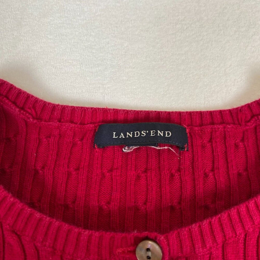 Lands' End Women's Textured Knit Cotton Red Button Up Cardigan