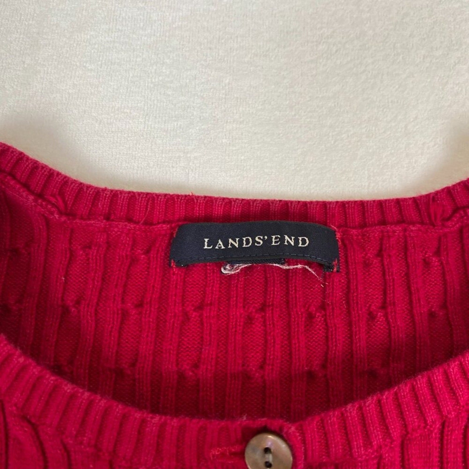 Lands' End Women's Textured Knit Cotton Red Button Up Cardigan