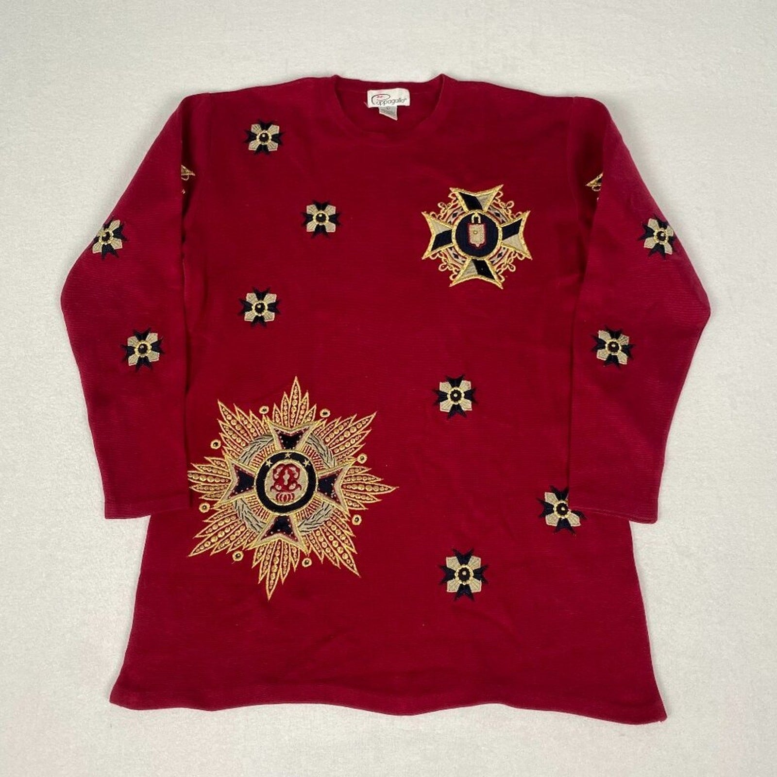 Vintage 80s Embroidered Ornate Heraldic Starburst Crest Tunic Red Knit Sweater
