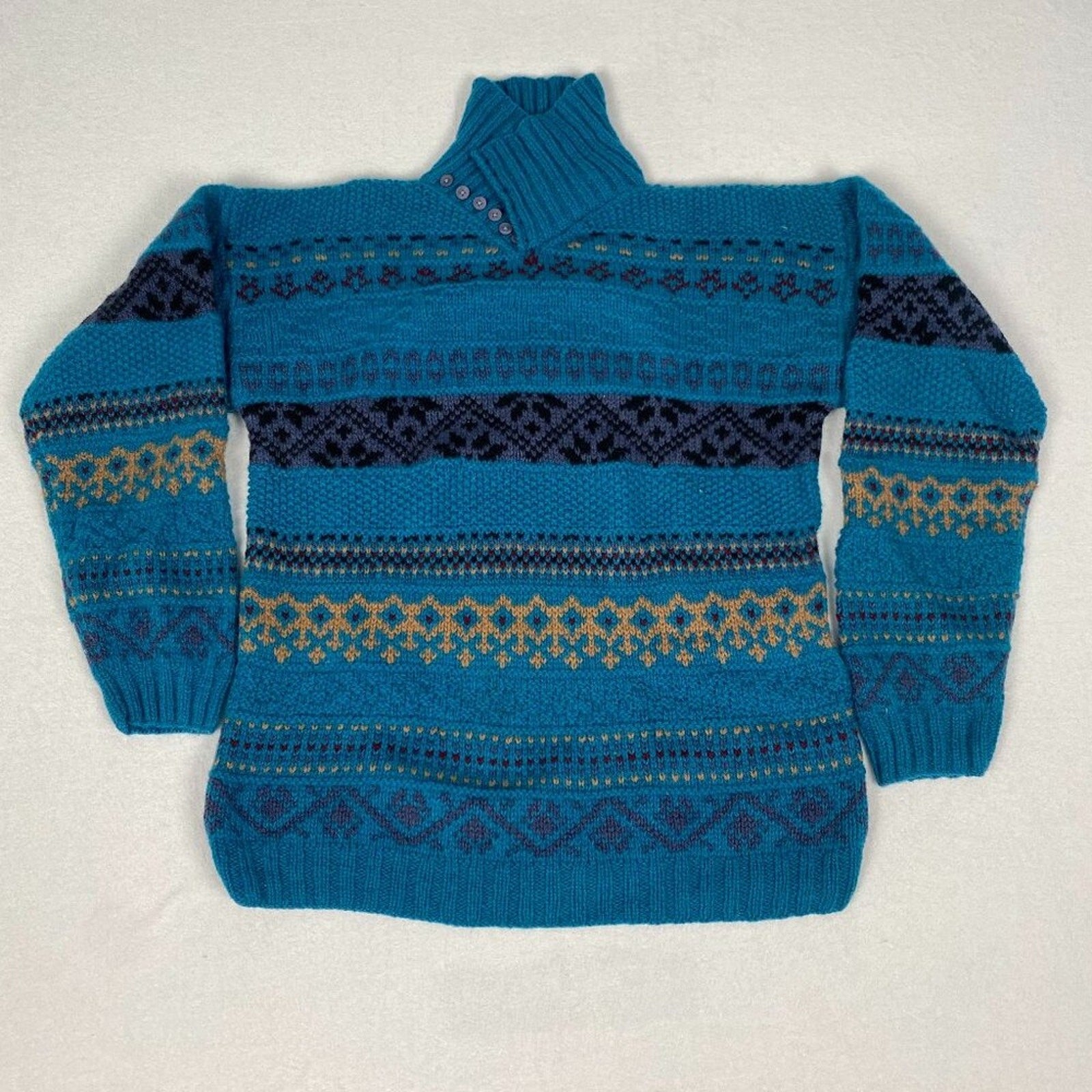 Vintage Skyr Shetland Wool Fair Isle Geometric Striped Button Cowl Sweater