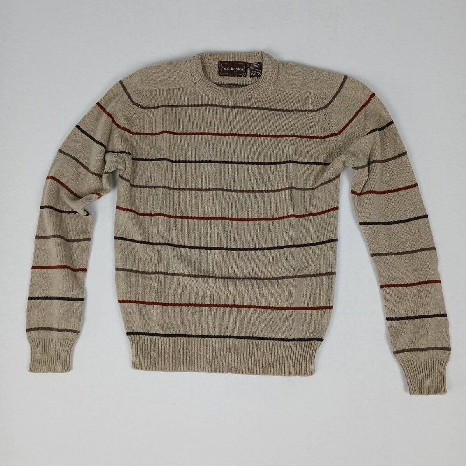 Vintage 90s Wellington Y2K Black Red Striped Tan Knit Crewneck Sweater