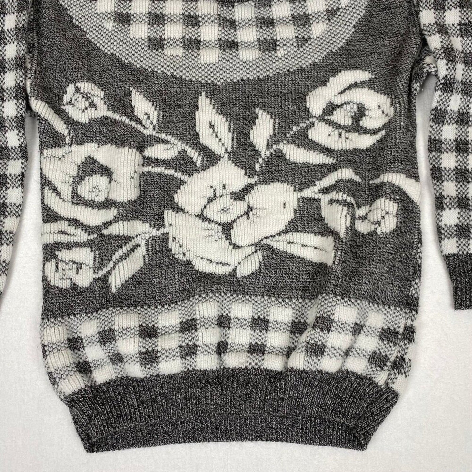 Vintage Made in USA 80s Jamnits Floral Roses Black White Checkered Knit Sweater