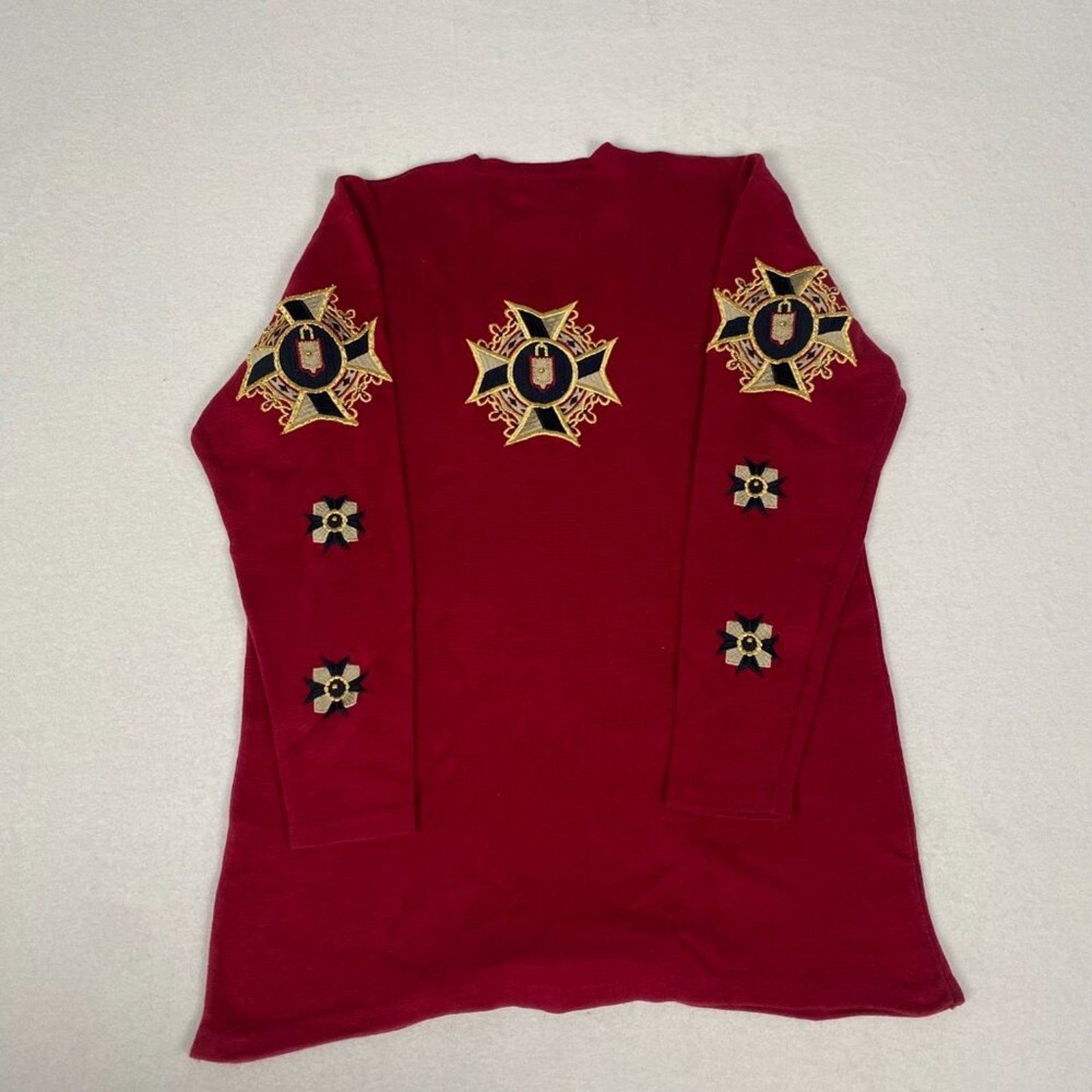 Vintage 80s Embroidered Ornate Heraldic Starburst Crest Tunic Red Knit Sweater