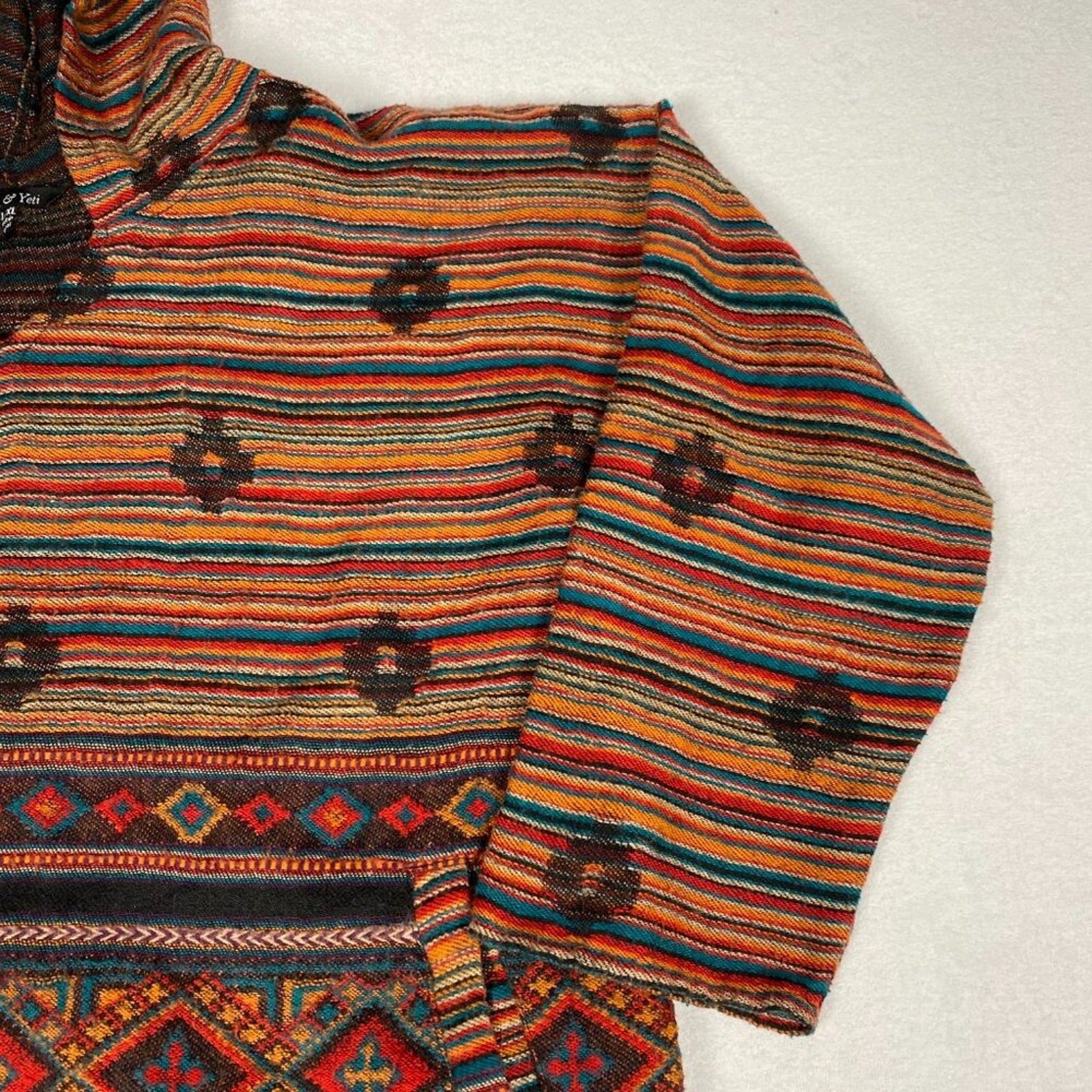 Yak & Yeti Nepal Knit Native Diamond Striped Sunrise Poncho Hoodie Sweater