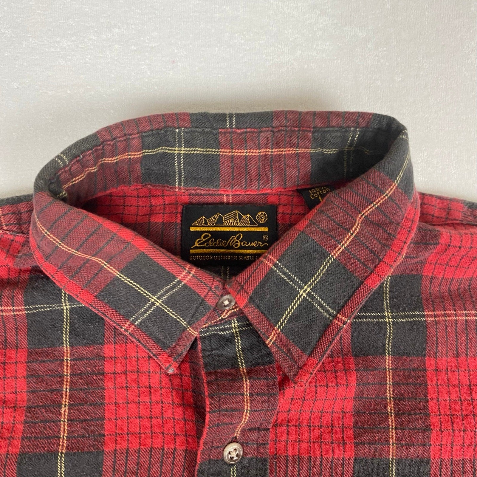 Vintage Eddie Bauer Made in USA Red Black Plaid Checkered Cotton Flannel Large