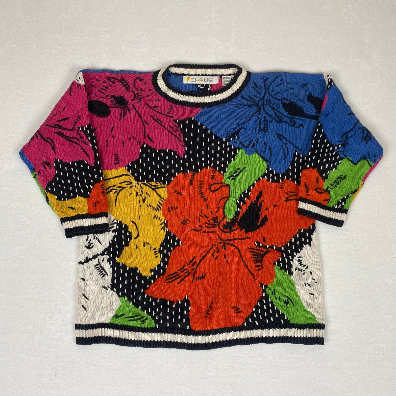Vintage Claus Ramie Cotton Blend Floral Allover Abstract Knit Sweater Medium 