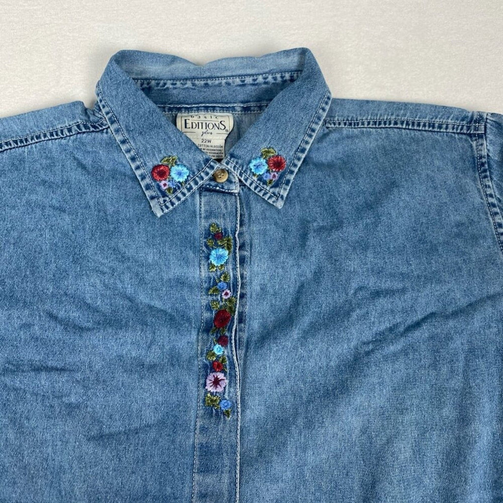 Vintage Basic Editions Cotton Flower Floral Embroidered Denim Style Button Shirt