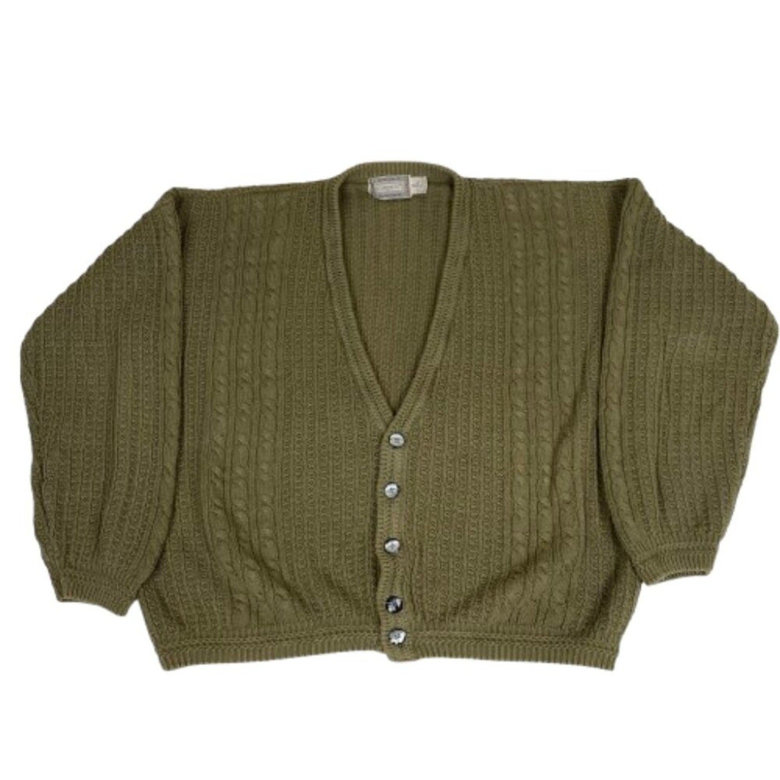 Vintage Ramie Cotton Blend Concrete Heavy Cable Knit Green Button Down Cardigan