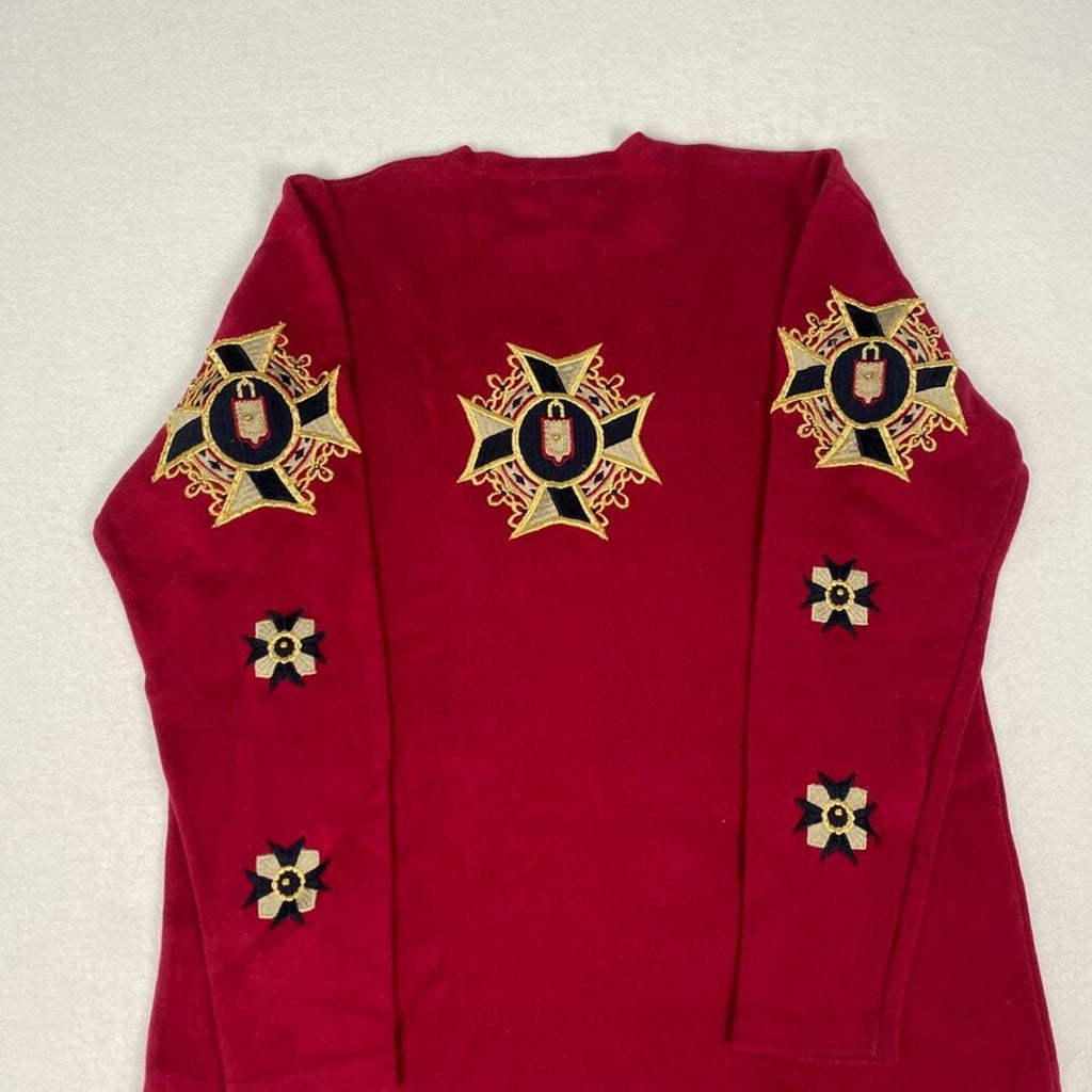 Vintage 80s Embroidered Ornate Heraldic Starburst Crest Tunic Red Knit Sweater
