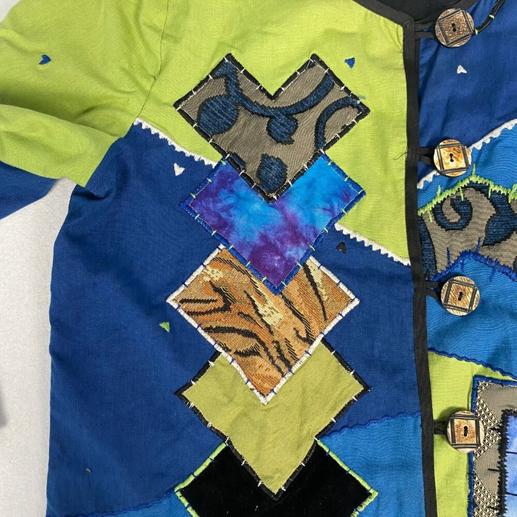 90s Abstract Color Block Embroidered Patchwork Artsy Flax Rayon Cotton Jacket