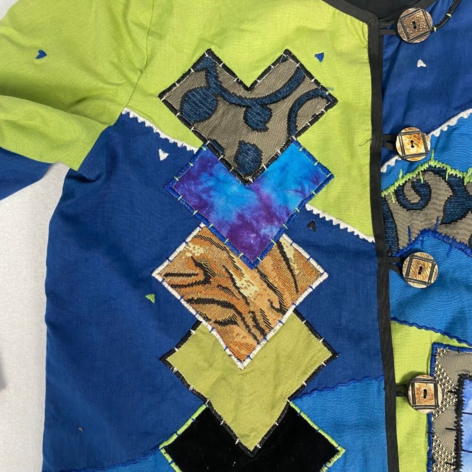90s Abstract Color Block Embroidered Patchwork Artsy Flax Rayon Cotton Jacket