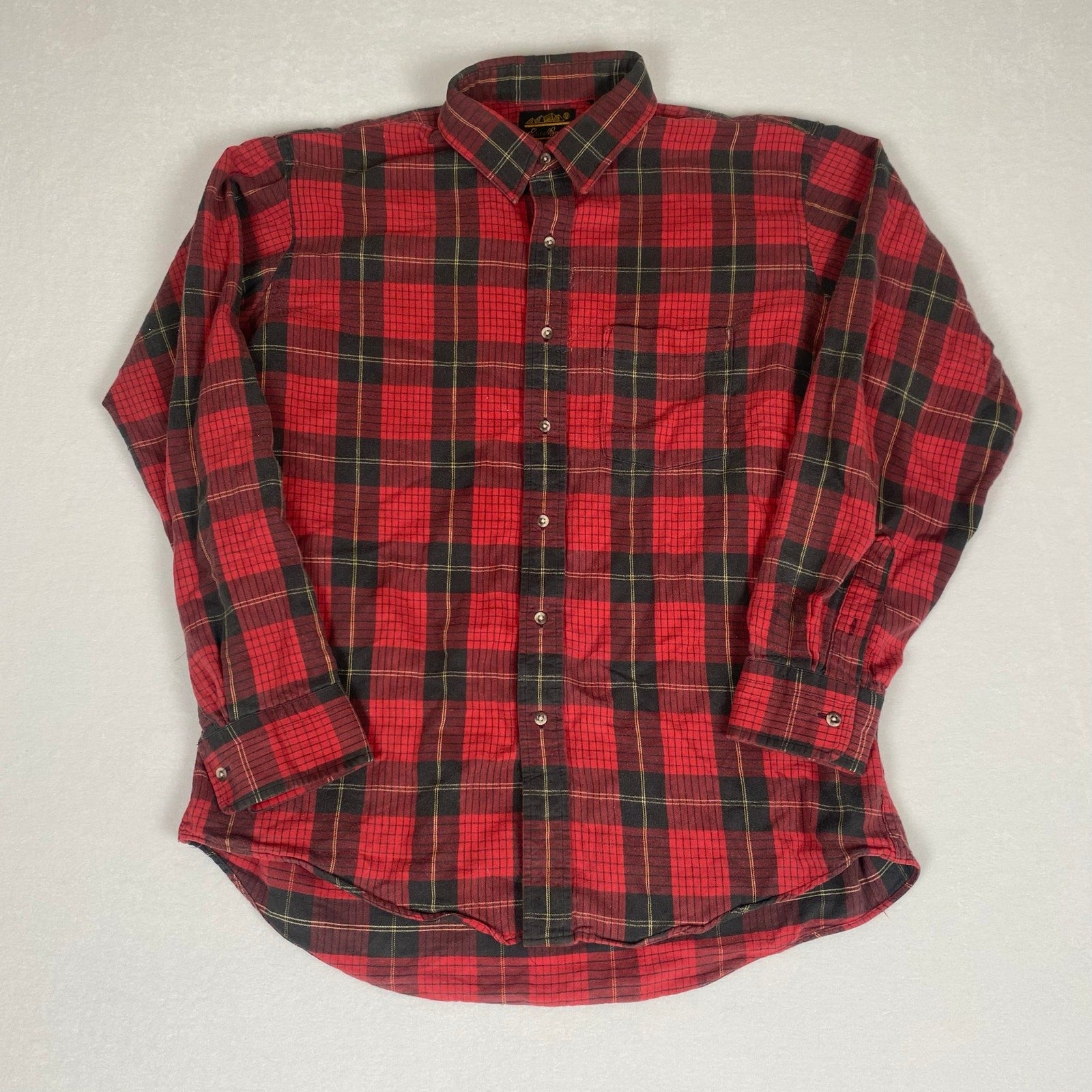 Vintage Eddie Bauer Made in USA Red Black Plaid Checkered Cotton Flannel Large