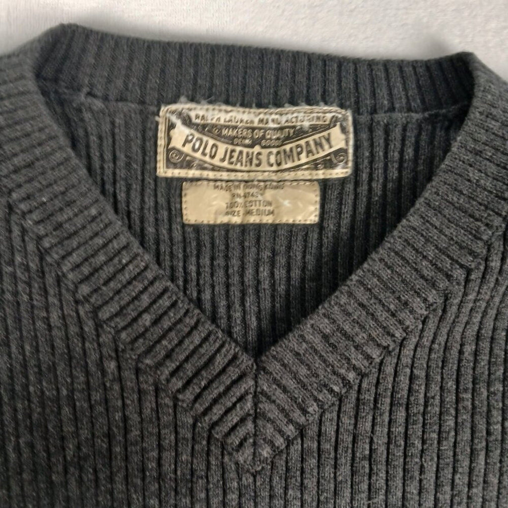 Polo Jeans Company Ralph Lauren Textured Cotton Black Knit V Neck Sweater Medium