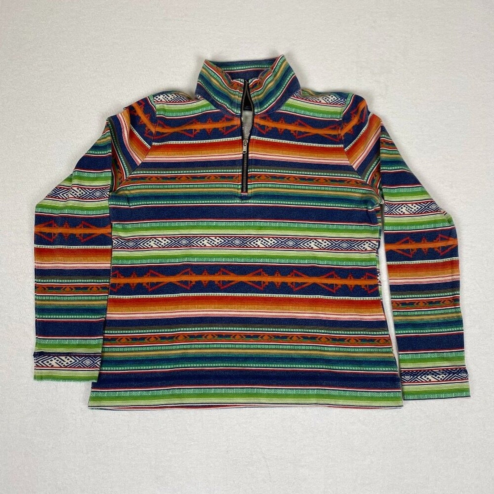 Vintage Chaps Women's Aztec Native Striped Print Orange Green 1/4 Zip Pullover