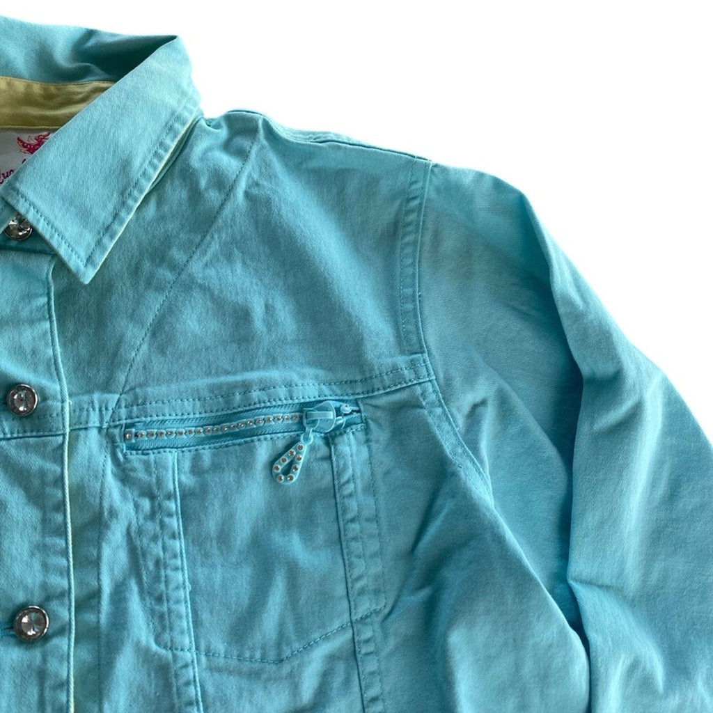 Quacker Factory Rhinestone Fringe Hem Baby Blue Denim Style Chore Button Jacket