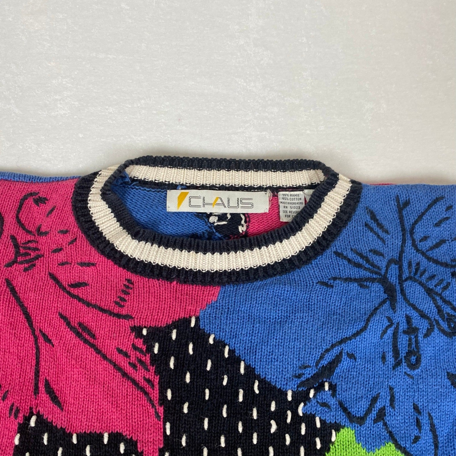 Vintage Claus Ramie Cotton Blend Floral Allover Abstract Knit Sweater Medium 