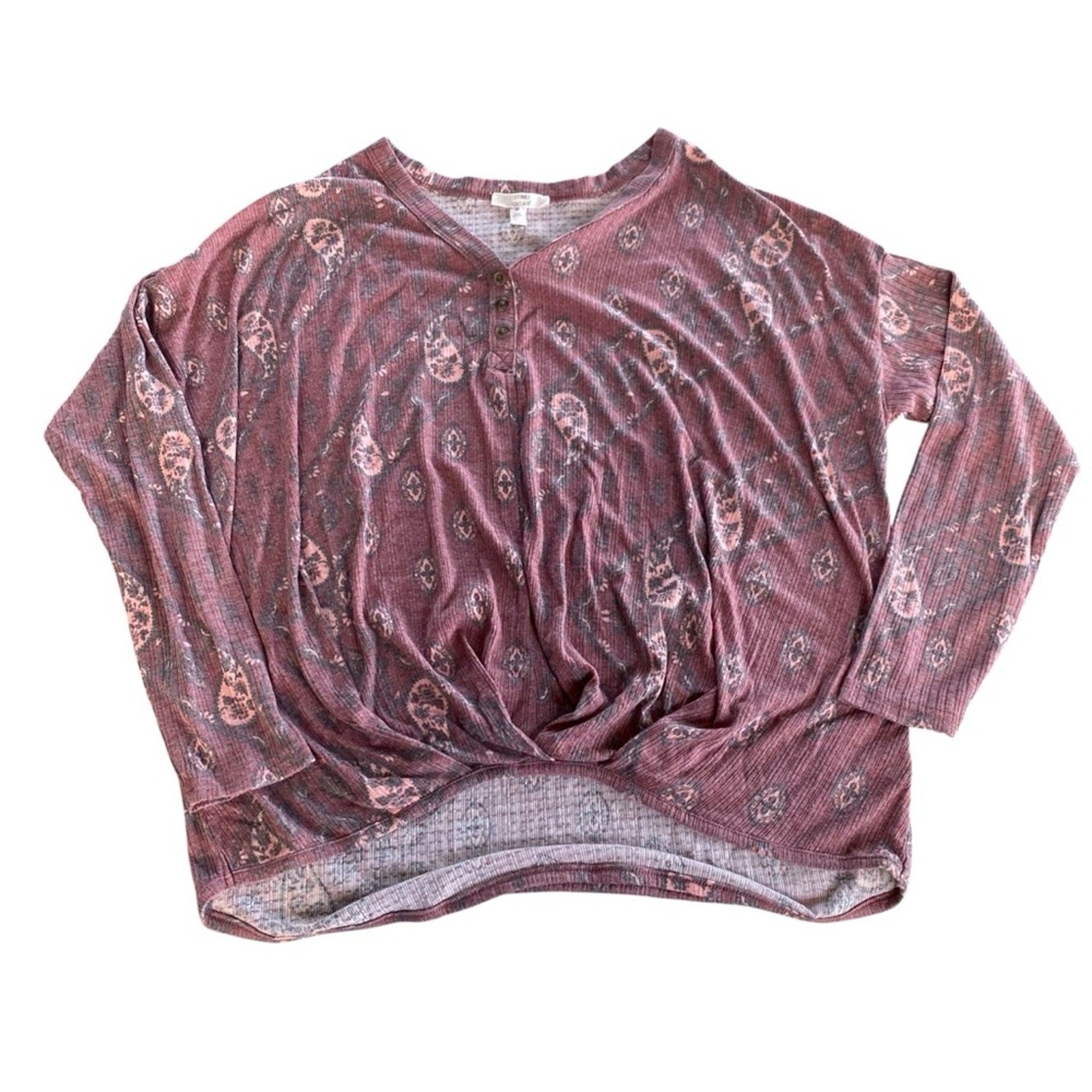 Como Vintage Paisley Faded Pale Red Knot Hem Tie Front Long Sleeve Blouse Top