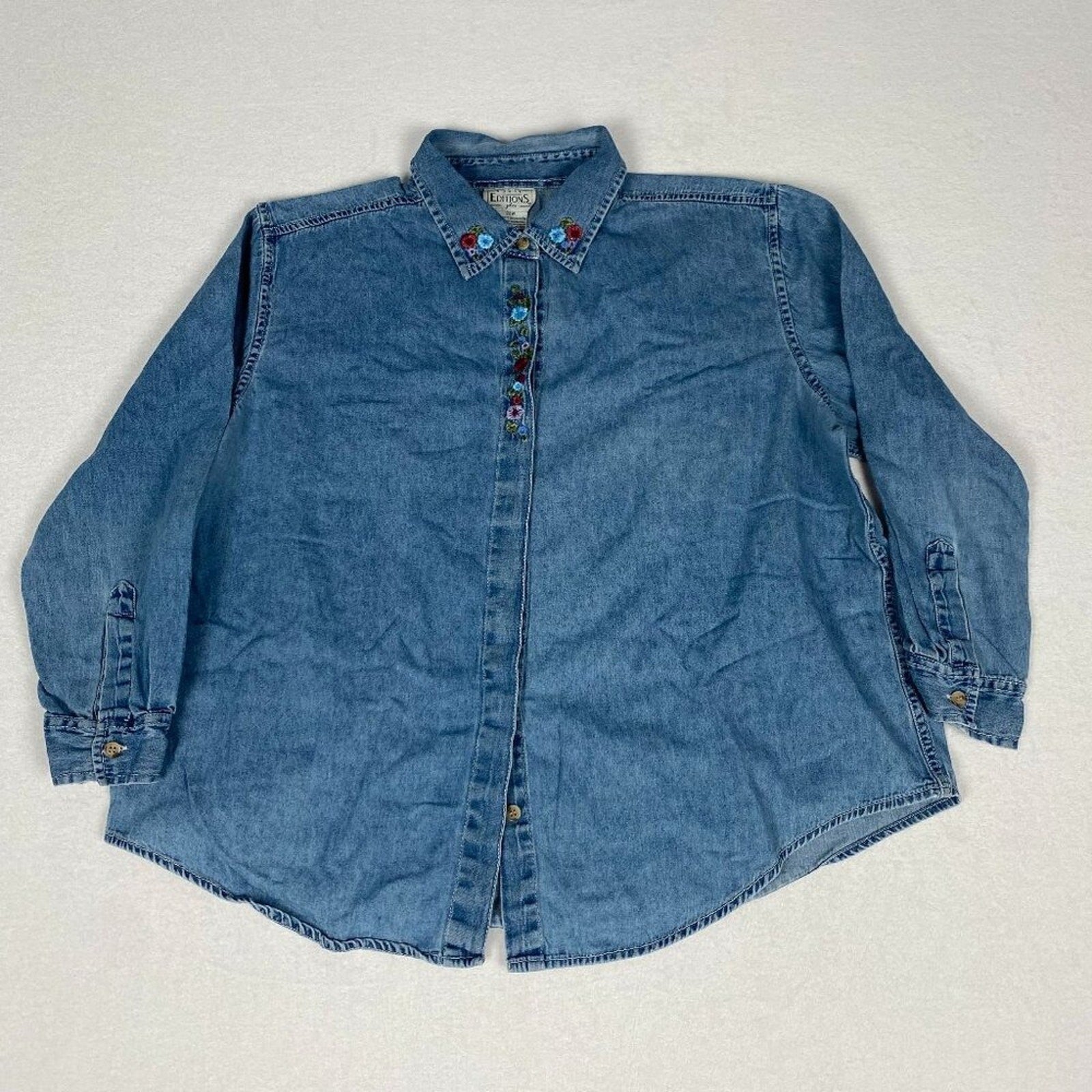 Vintage Basic Editions Cotton Flower Floral Embroidered Denim Style Button Shirt