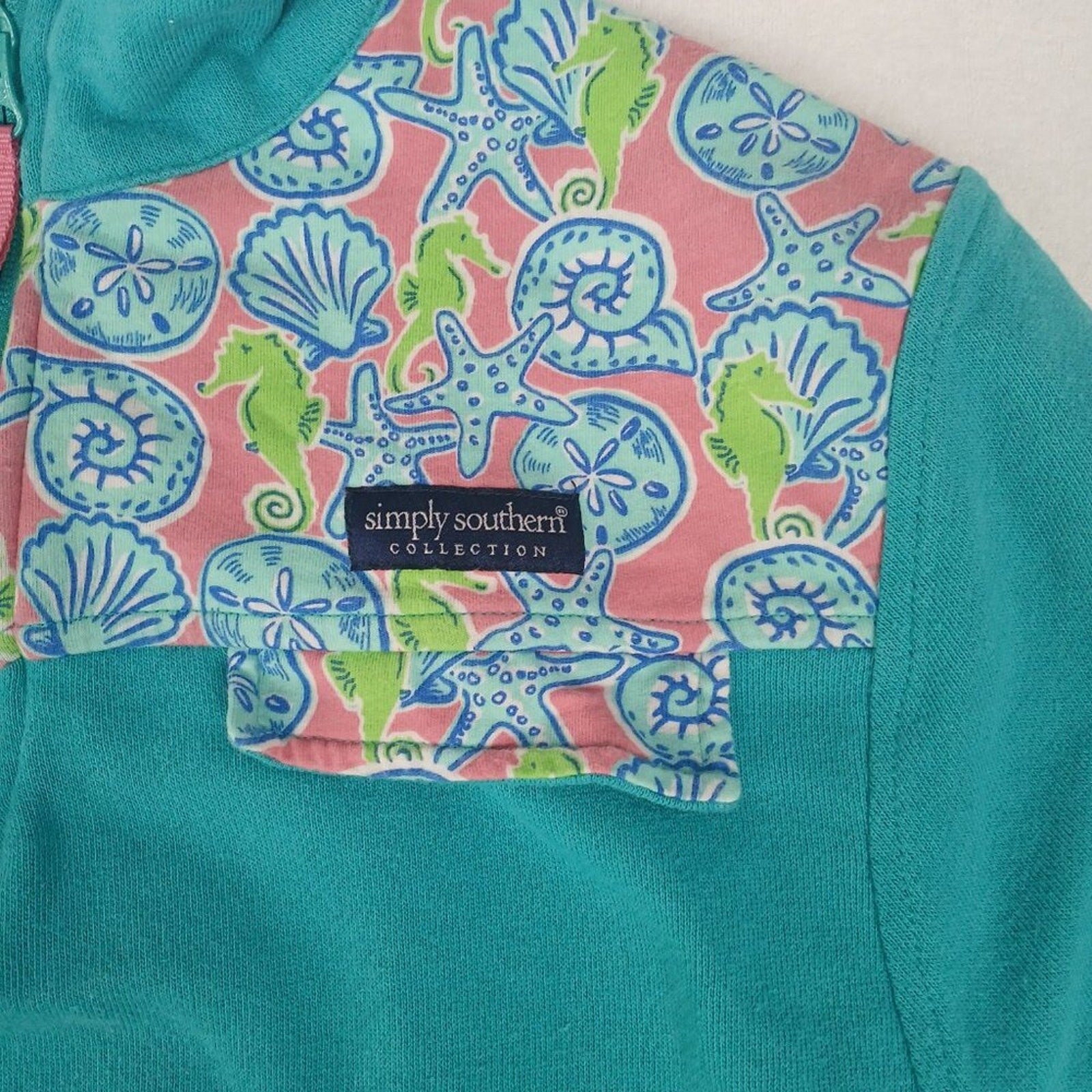 Simply Southern Seahorse Shellfish Starfish Ocean 1/4 Zip Blue Pink Sweater