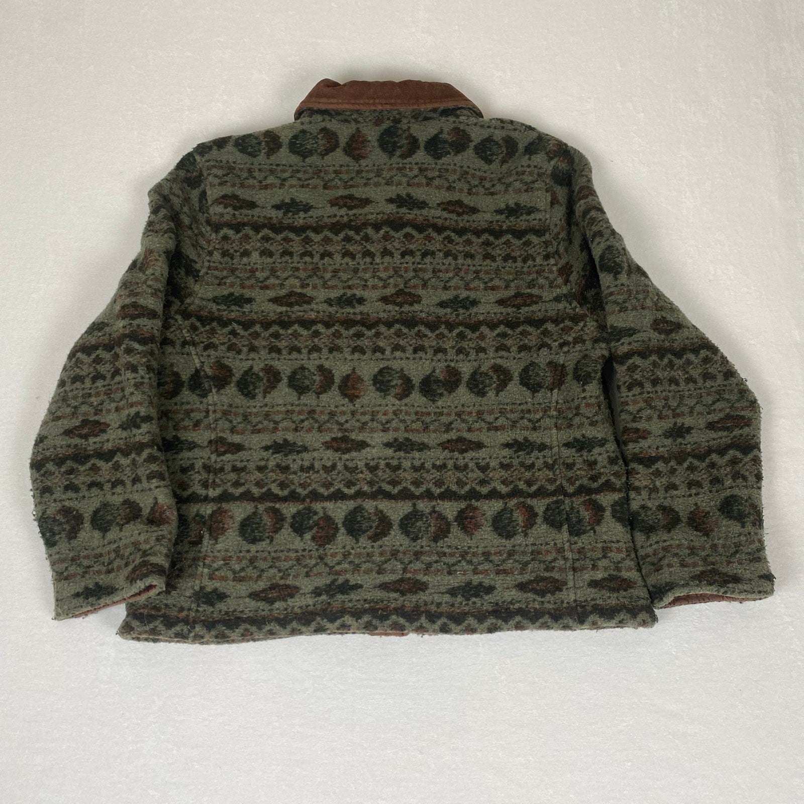 Woolrich Made in USA Native Fall Leaf Navajo Print Green Metal Button Coat