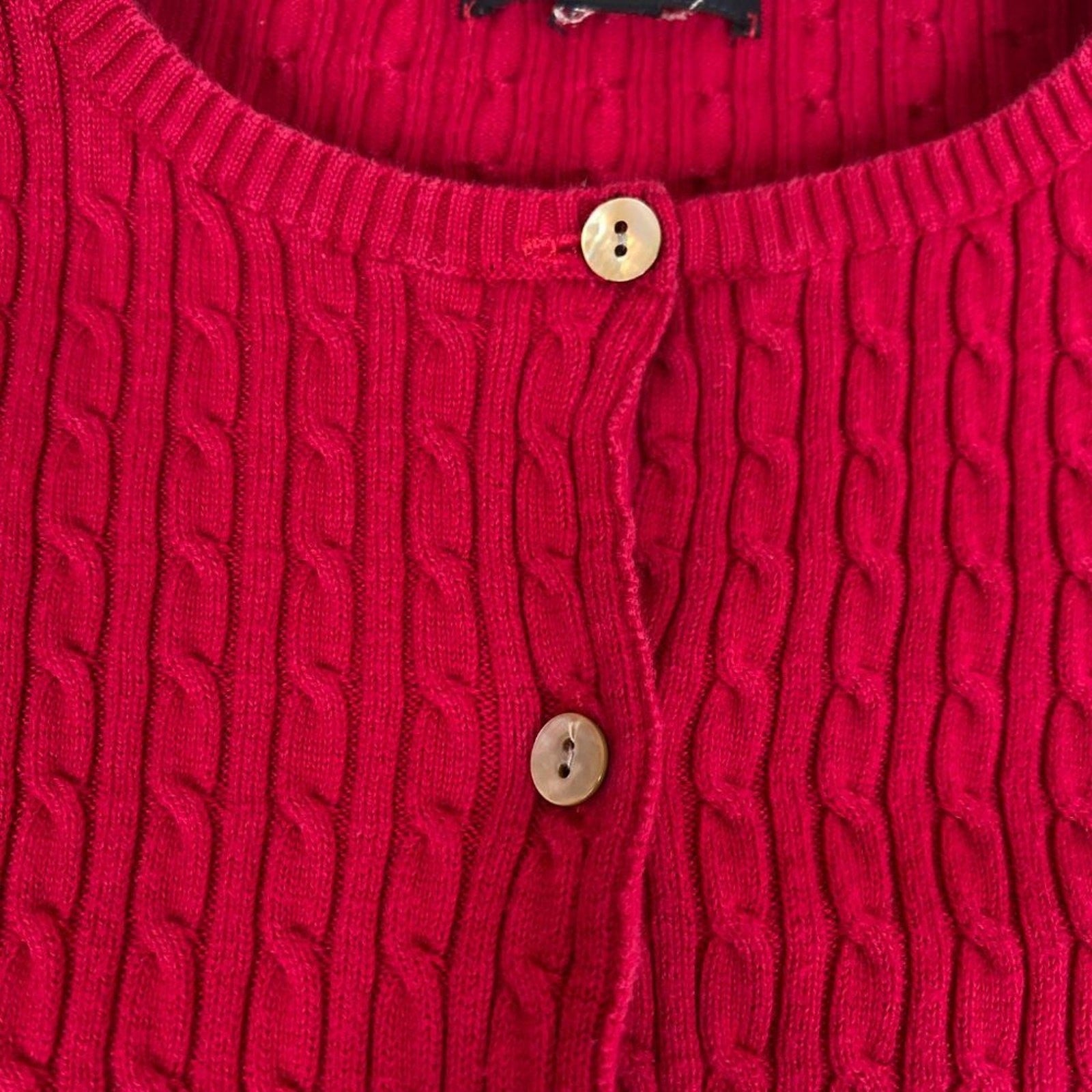 Lands' End Women's Textured Knit Cotton Red Button Up Cardigan