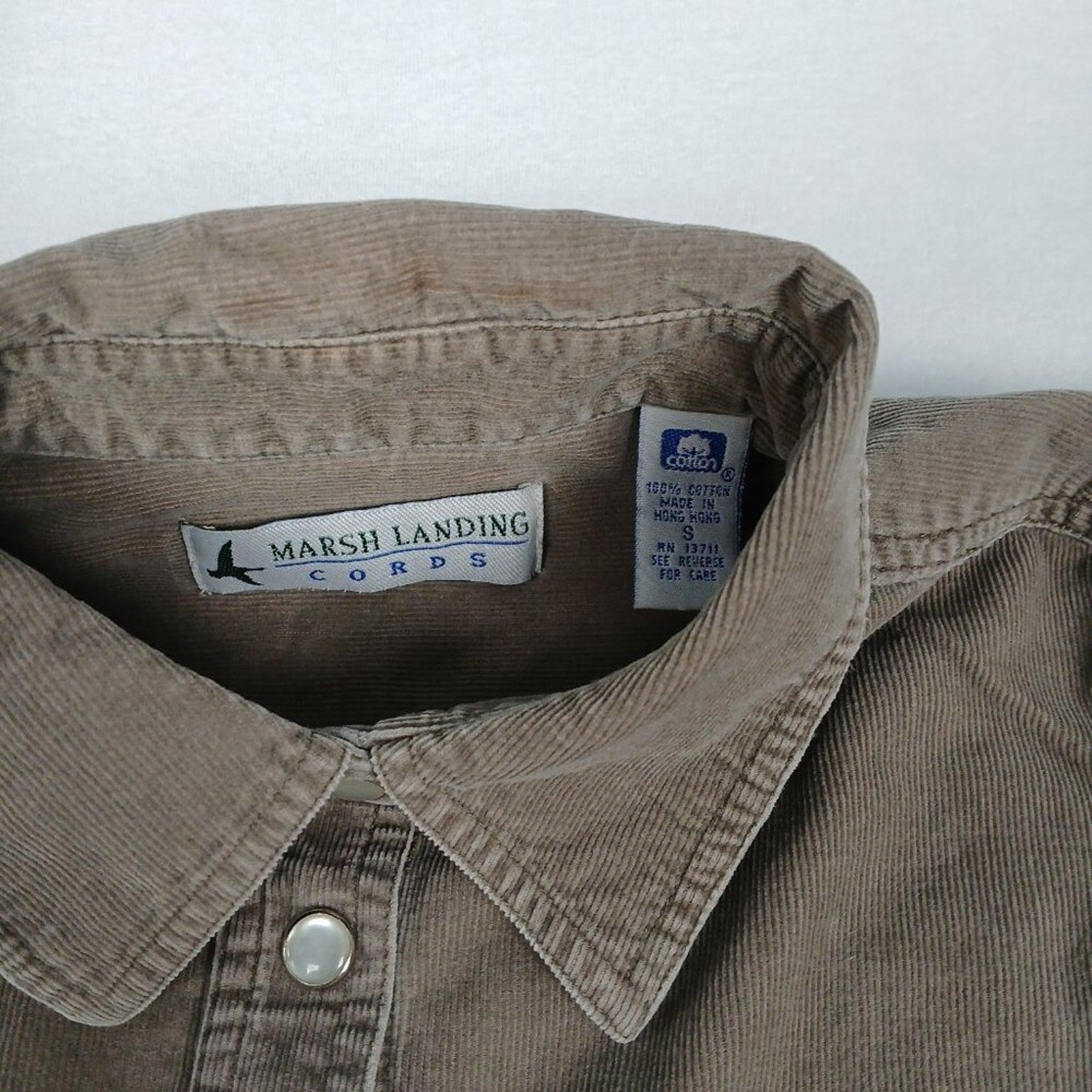 Vintage 90s Marsh Landing Cords Pearl Snap Button Corduroy Cotton Tan Shirt
