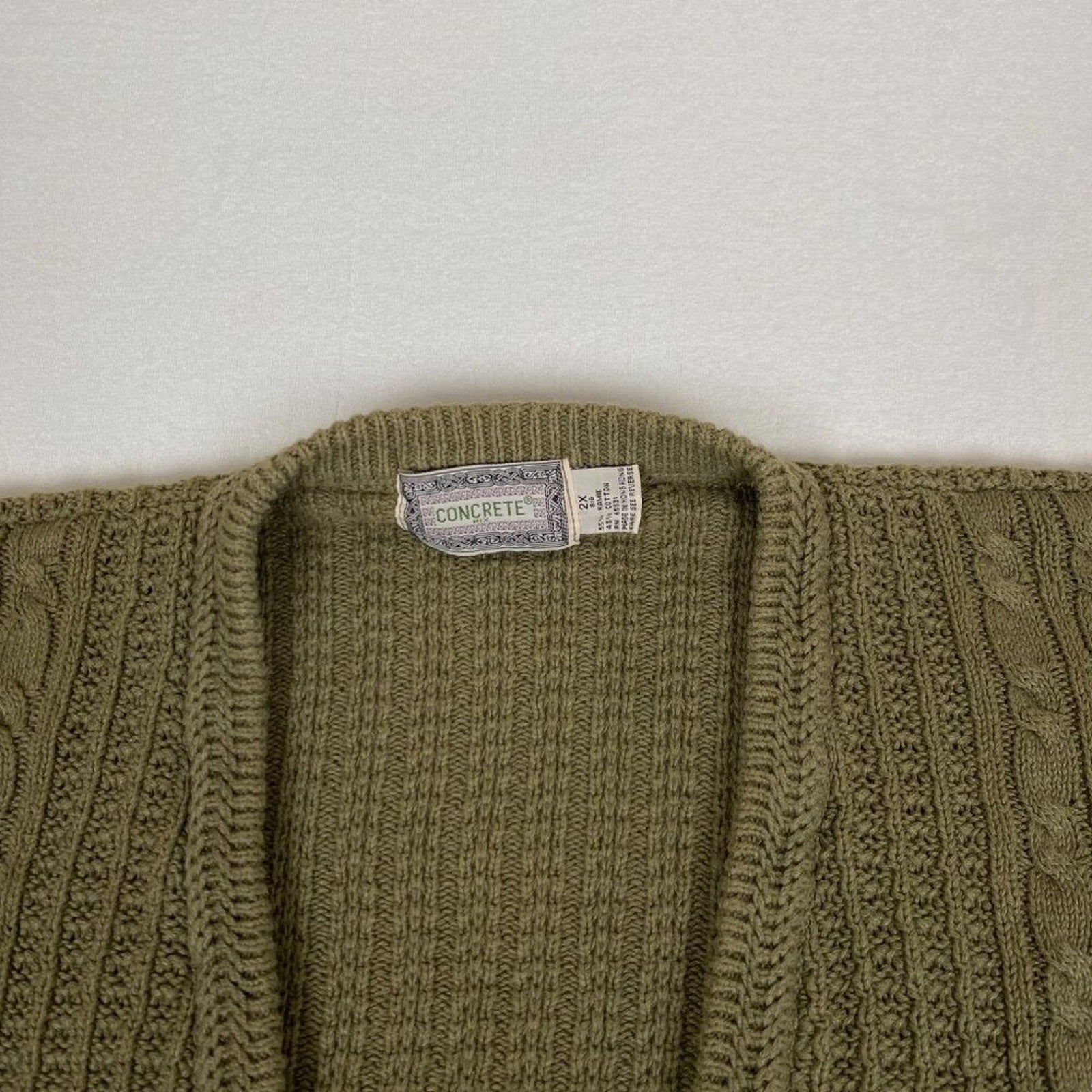 Vintage Ramie Cotton Blend Concrete Heavy Cable Knit Green Button Down Cardigan