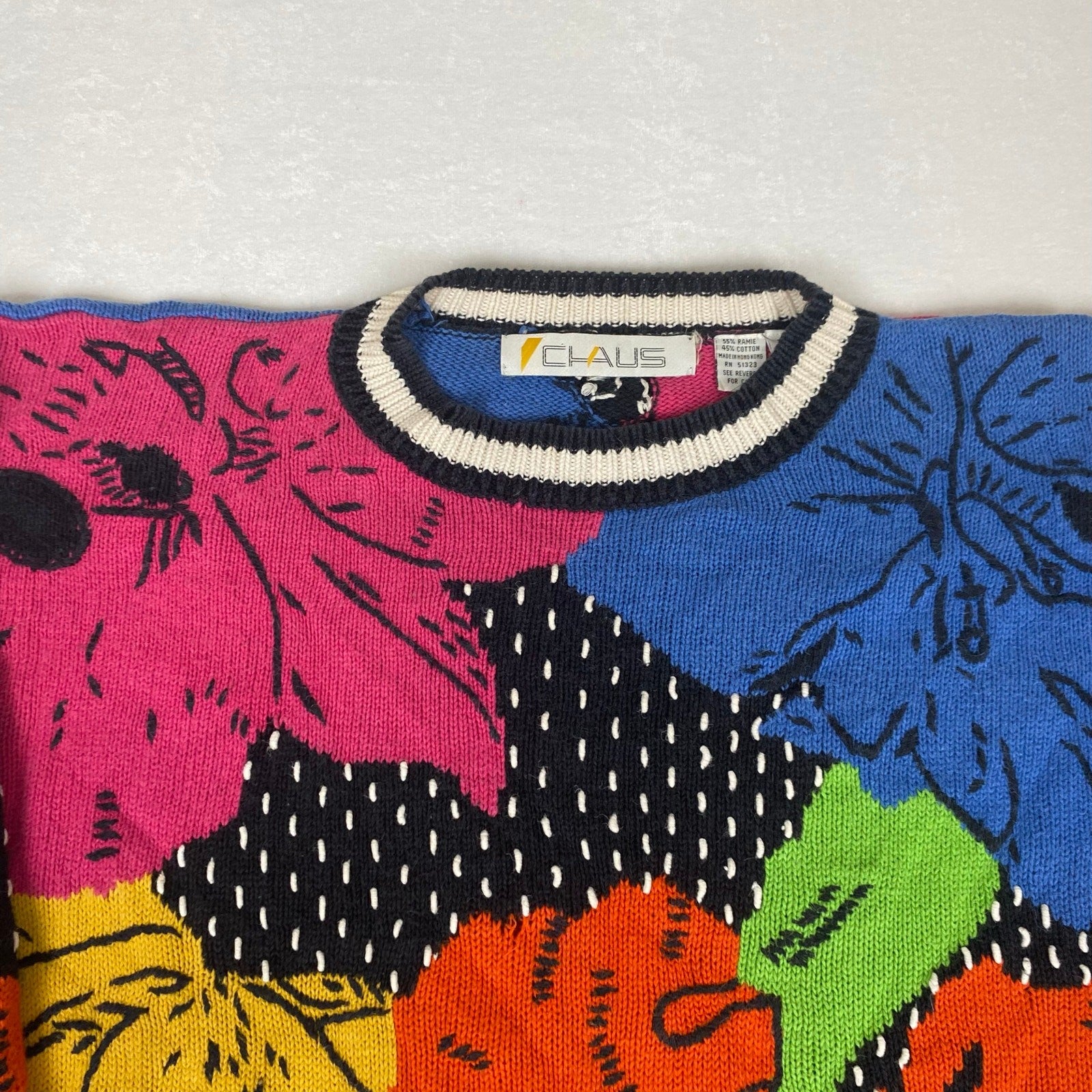 Vintage Claus Ramie Cotton Blend Floral Allover Abstract Knit Sweater Medium 