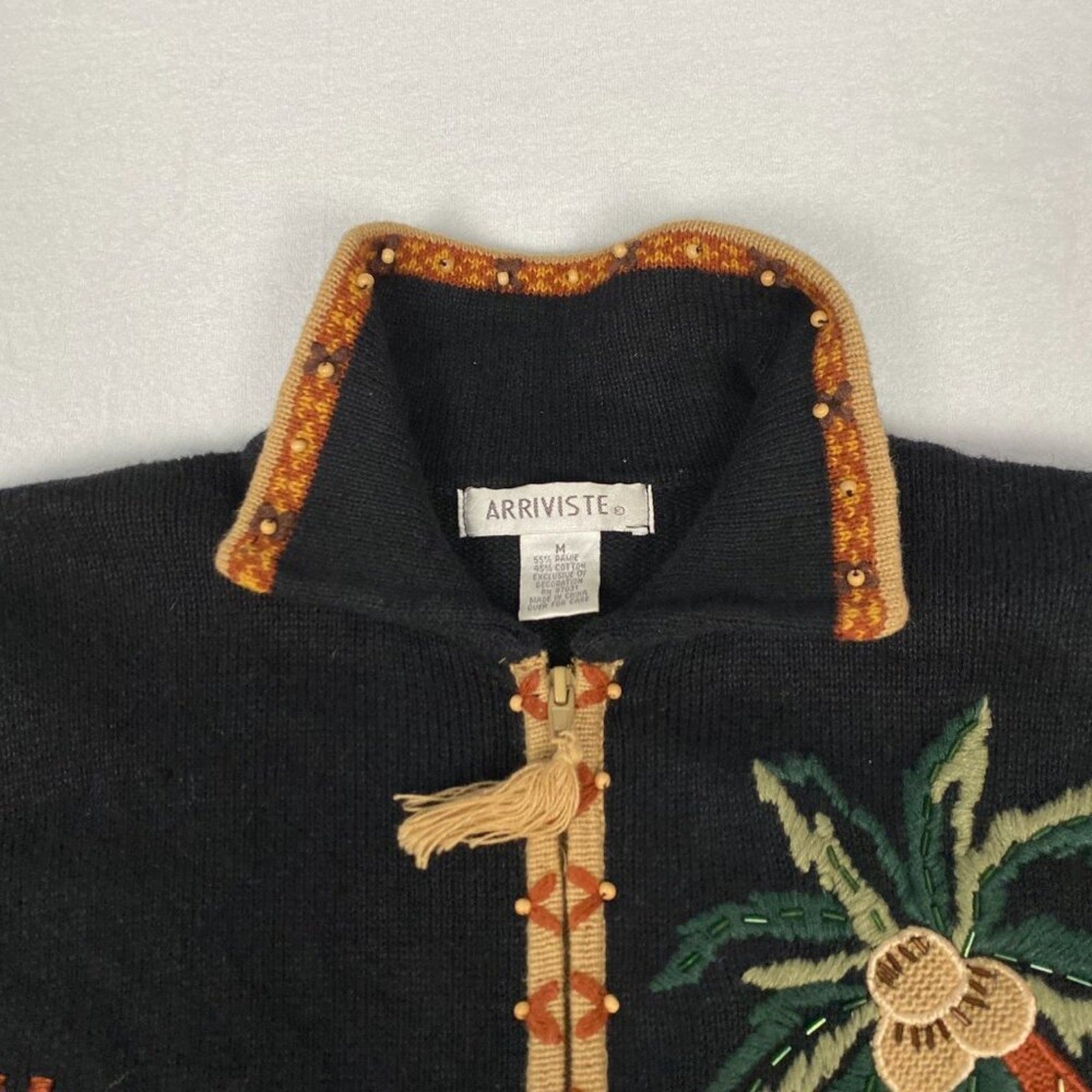 Arriviste Ramie Cotton Safari Animals Palm Knit Beaded Embroidered Sweater