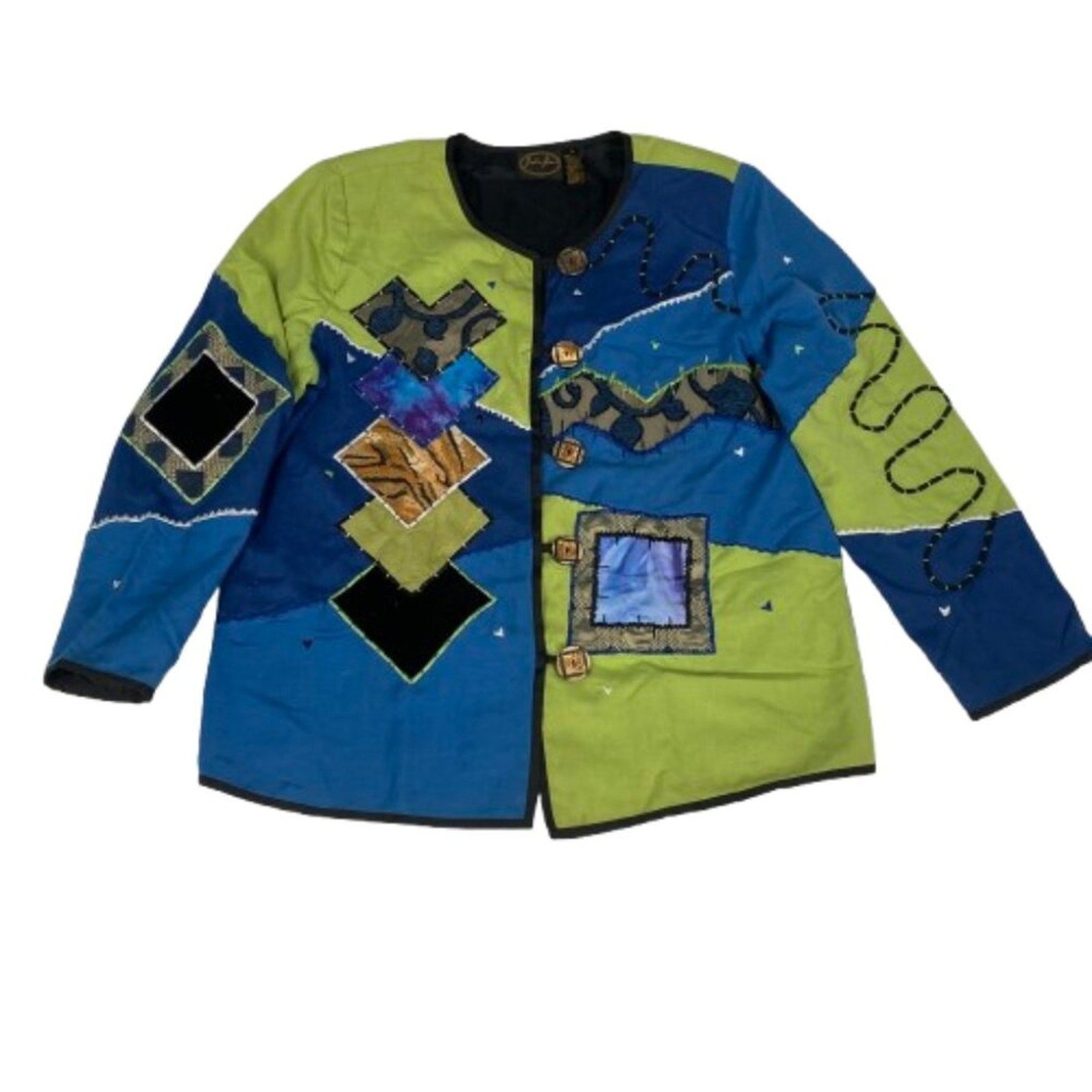 90s Abstract Color Block Embroidered Patchwork Artsy Flax Rayon Cotton Jacket
