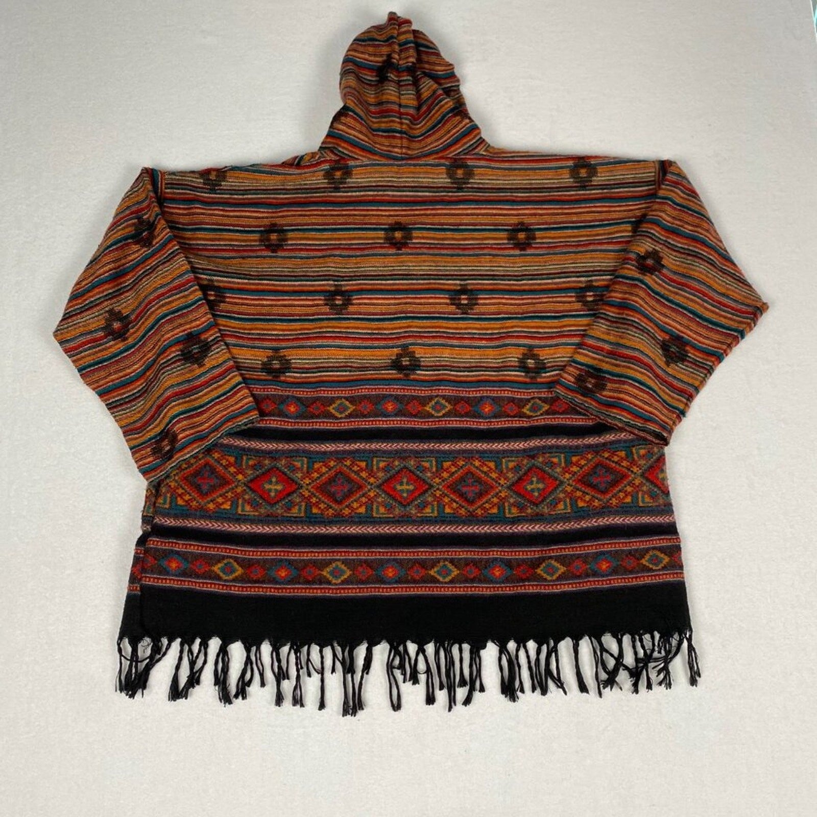 Yak & Yeti Nepal Knit Native Diamond Striped Sunrise Poncho Hoodie Sweater