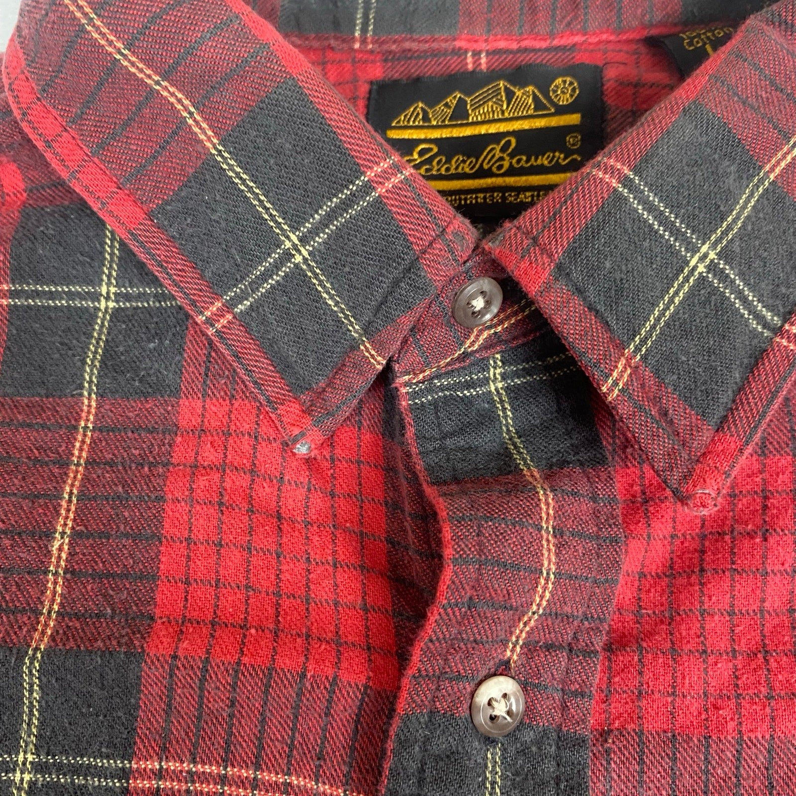 Vintage Eddie Bauer Made in USA Red Black Plaid Checkered Cotton Flannel Large