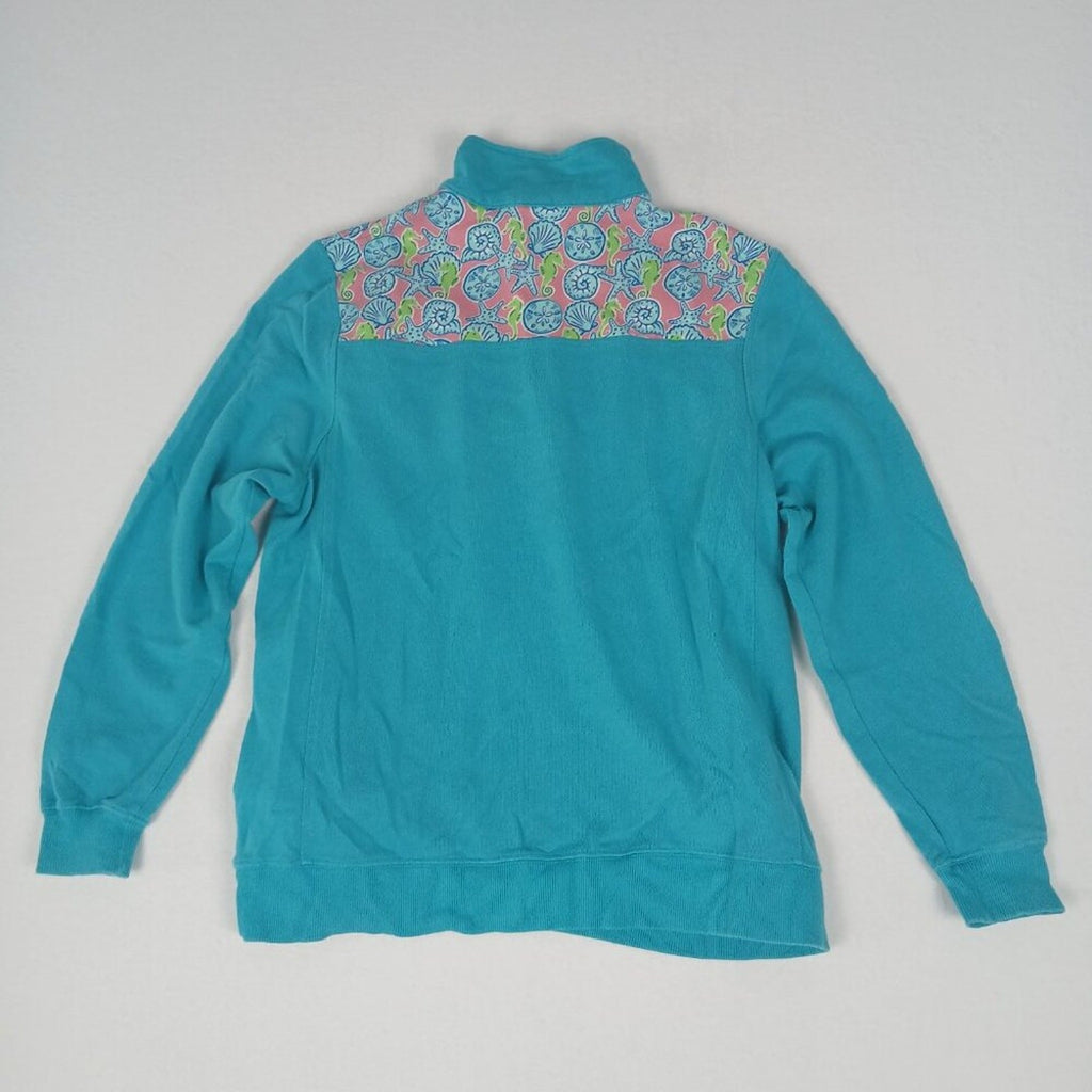 Simply Southern Seahorse Shellfish Starfish Ocean 1/4 Zip Blue Pink Sweater