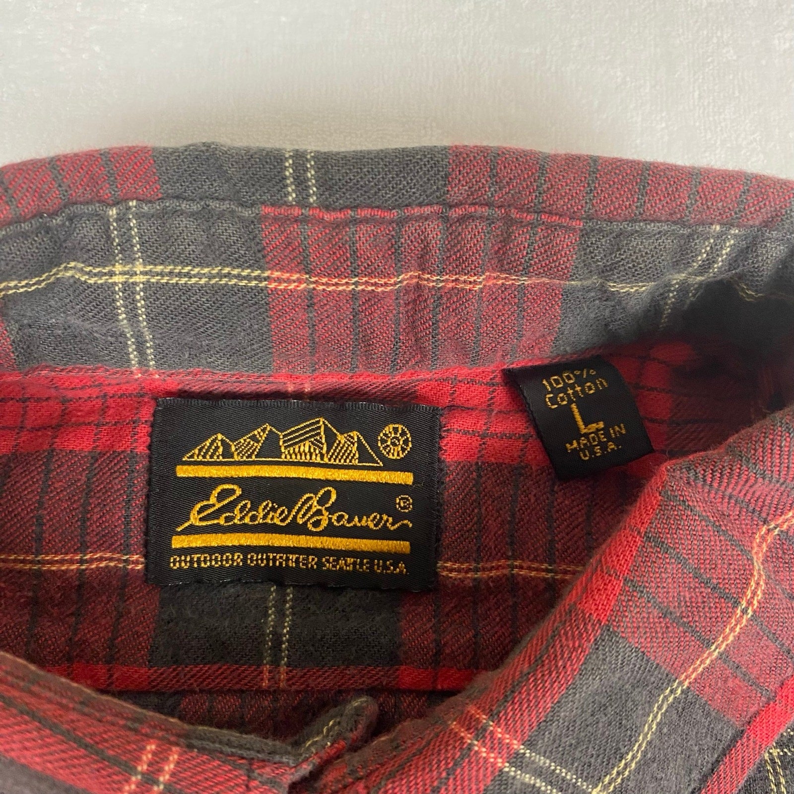 Vintage Eddie Bauer Made in USA Red Black Plaid Checkered Cotton Flannel Large