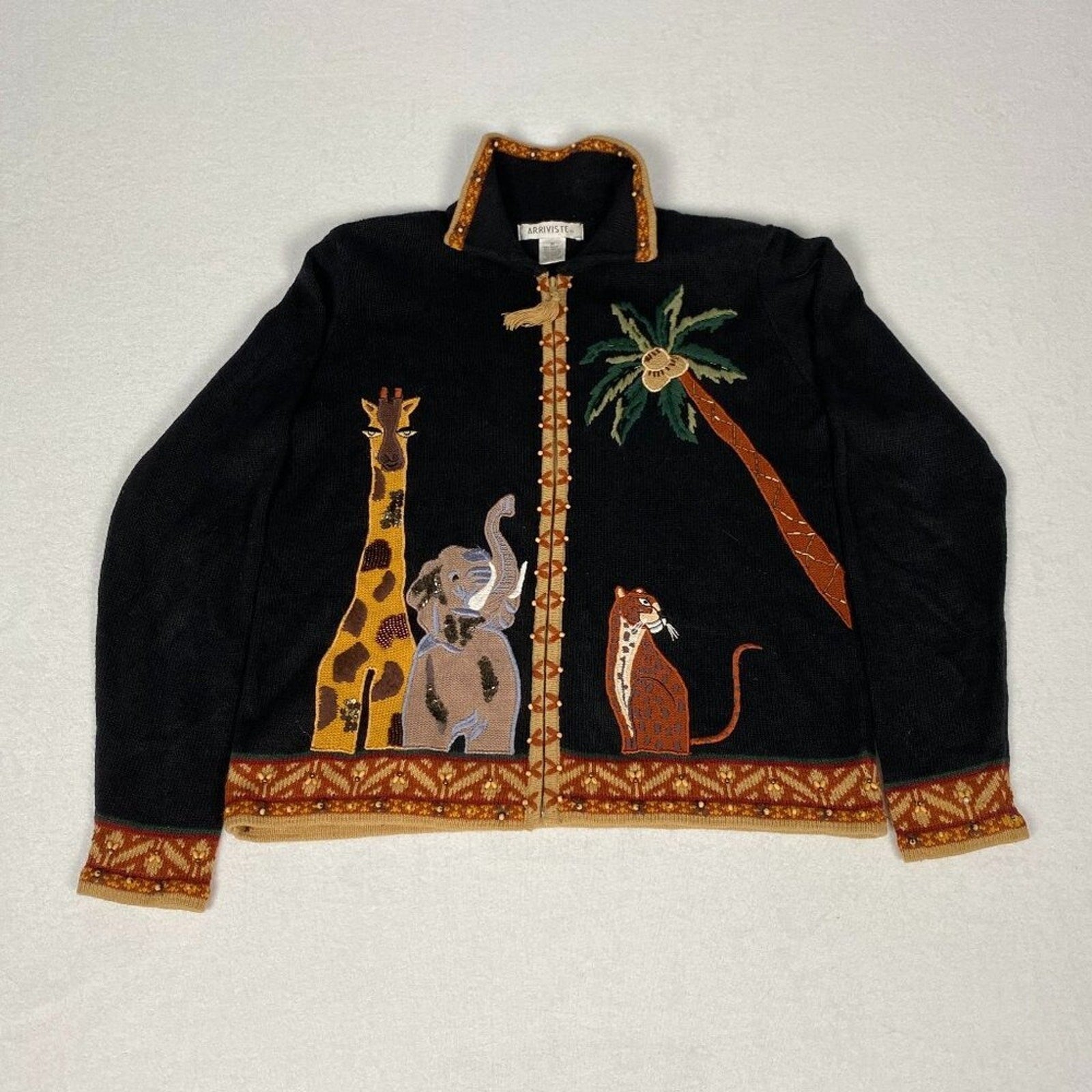 Arriviste Ramie Cotton Safari Animals Palm Knit Beaded Embroidered Sweater