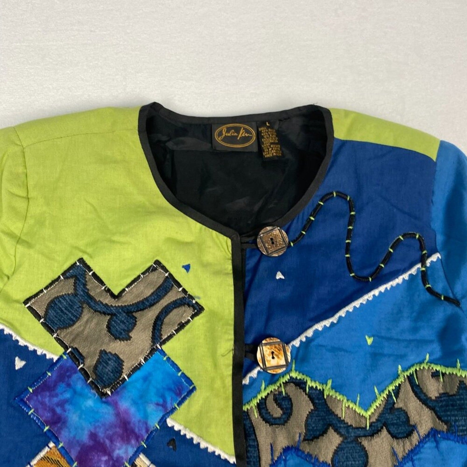 90s Abstract Color Block Embroidered Patchwork Artsy Flax Rayon Cotton Jacket