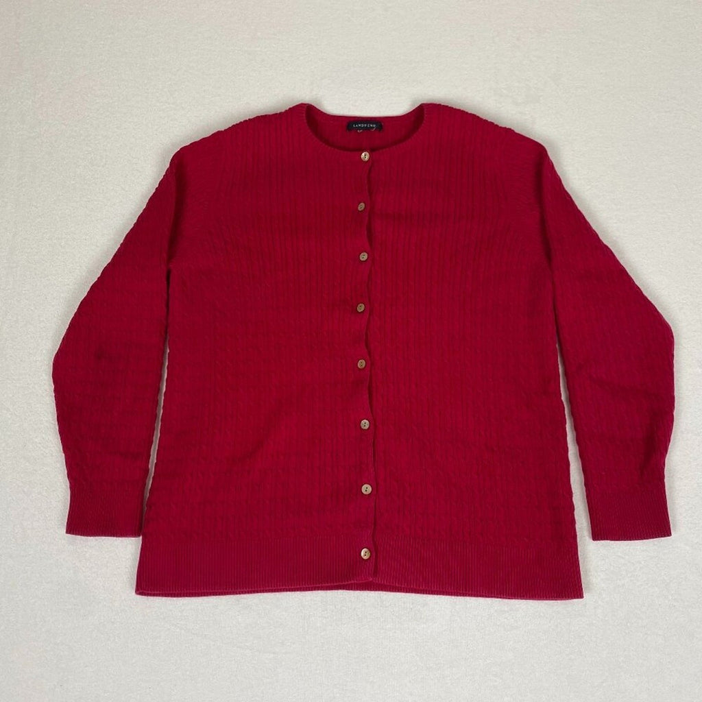 Lands' End Women's Textured Knit Cotton Red Button Up Cardigan