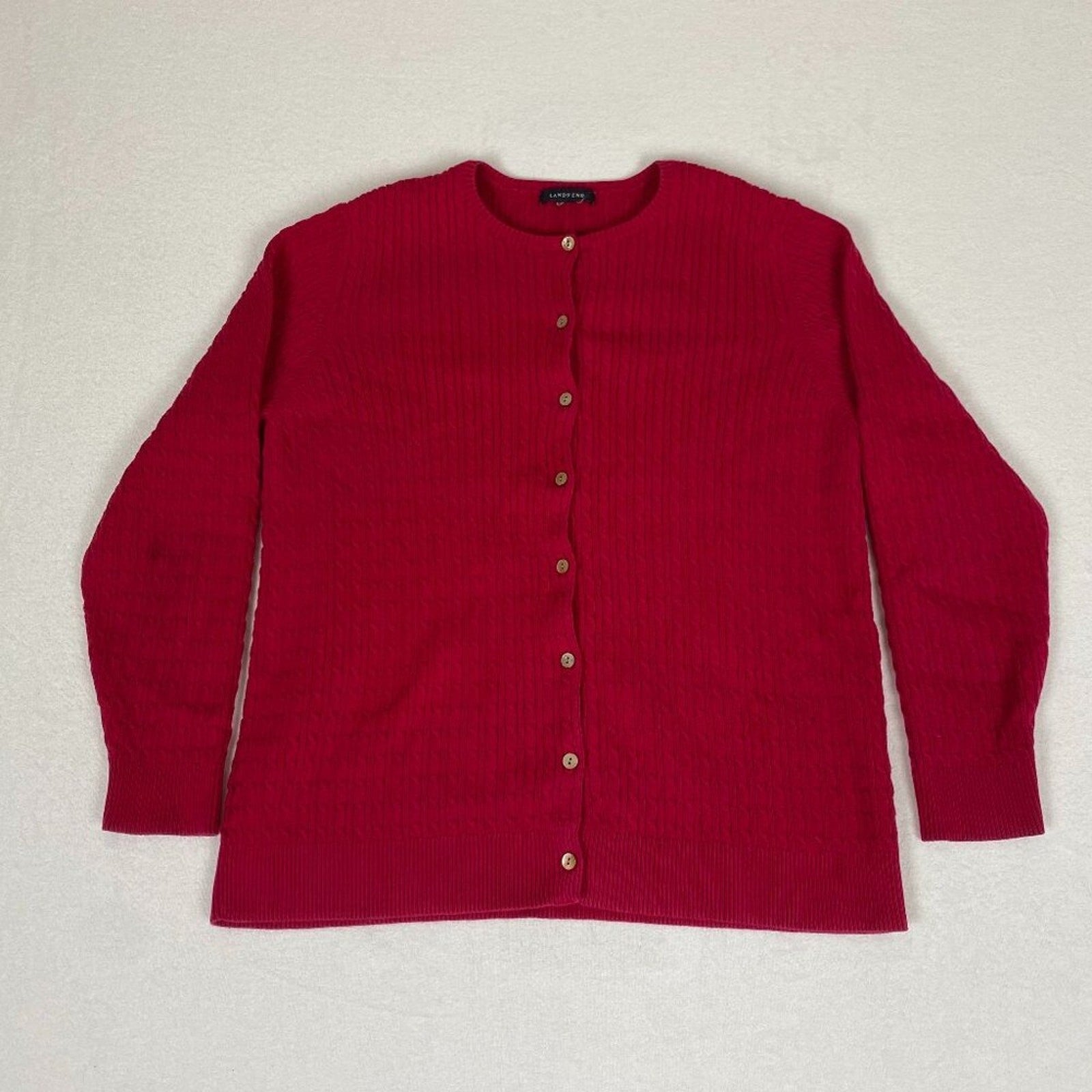 Lands' End Women's Textured Knit Cotton Red Button Up Cardigan